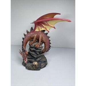 Vintage Perched Red Winged Dragon Skull Figure Sculpture Horns Mystical